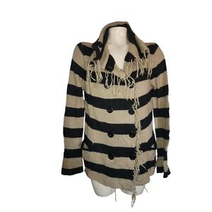 Ellison Angora Striped Fringe Double Breasted Cardigan CJ2386 Tan Black L Boho